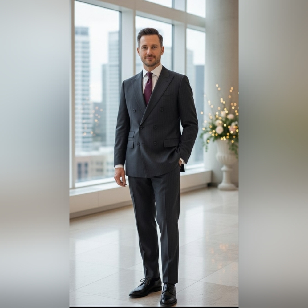 Daniel Hetcher Paris 2 piece suit with blue and grey pin stripes